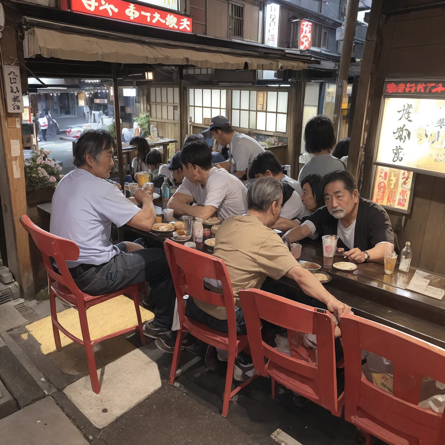 (masterpiece: 1.2, highest quality), snap shot, Japan's poor neighborhoods, Good old Japanese townscape、Poor conditions, (Dirty middle-aged man、Men gathering at a bar)、Dirty and old store、Showa Retro、Playing with friends on the street、Have fun eating and drinking with friends,