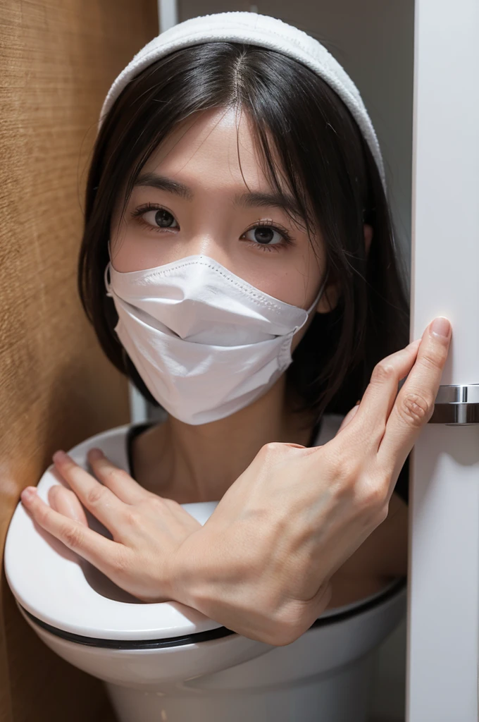 A very scary female ghost poked her head out of the toilet door