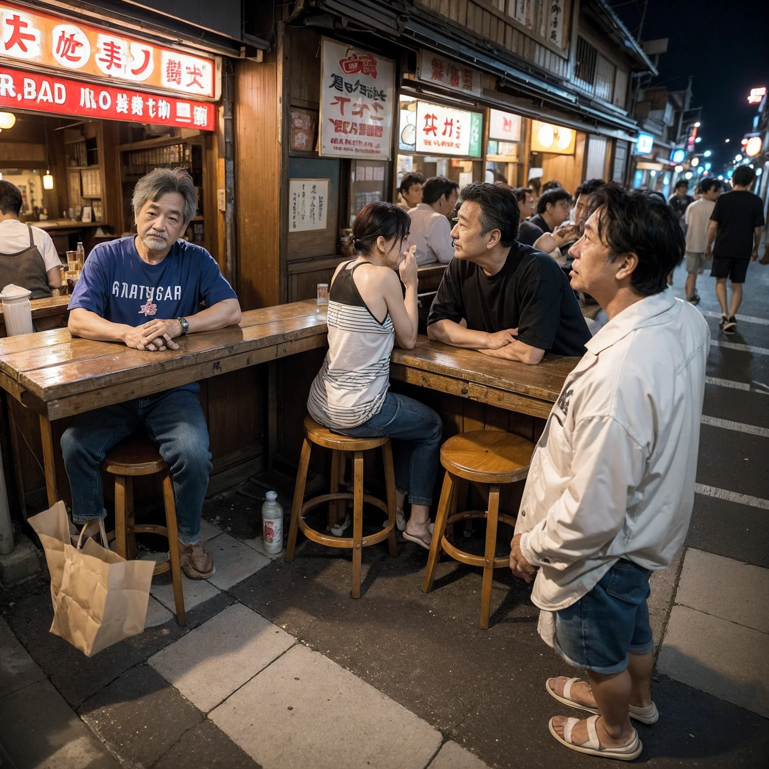 (masterpiece: 1.2, highest quality), snap shot, Japan's poor neighborhoods, Good old Japanese townscape、Poor conditions, (Dirty middle-aged man、Men gathering at a bar)、Dirty and old store、Showa Retro、Playing with friends on the street、Have fun eating and drinking with friends,