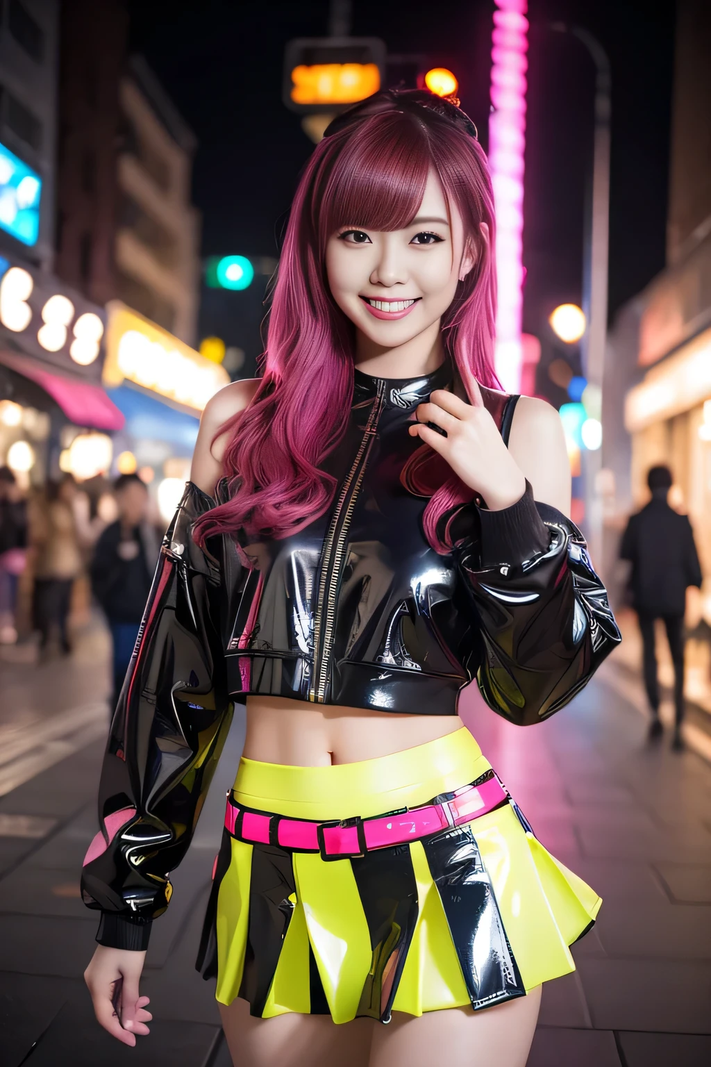 Browsing Caution、Female Idols、smile、Ezvian everywhere、、Shiny latex mini skirt(Neon Fuchsia)、(Multi-colored medium hair)、Conceptual Art, high quality, Realistic, Very detailed CG synthesis 8k wallpaper, Very detailed, High resolution raw color photos, Professional photography, Realistic portrait, Cinematic Light, Beautiful details, Very detailedな, Attention to detail, (((Bokeh))), Written boundary depth, illumination, Neon Street, Super stylish lighting