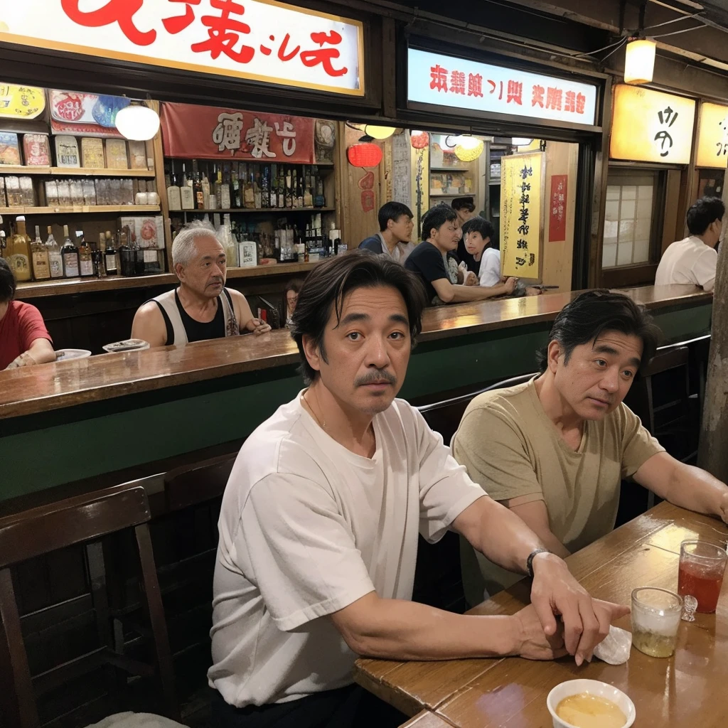 (masterpiece: 1.2, highest quality), snap shot, Japan's poor neighborhoods, Good old Japanese townscape、Poor conditions, (Dirty middle-aged man、Men gathering at a bar)、Dirty and old store、Showa Retro、Playing with friends on the street、Have fun eating and drinking with friends,