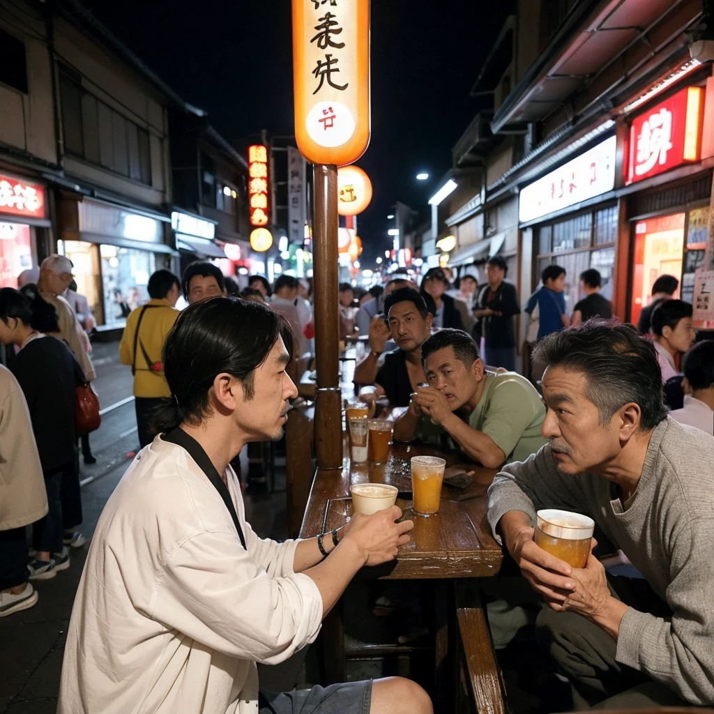 (masterpiece: 1.2, highest quality), snap shot, Japan's poor neighborhoods, Good old Japanese townscape、Poor conditions, (Dirty middle-aged man、Men gathering at a bar)、Dirty and old store、Showa Retro、Playing with friends on the street、Have fun eating and drinking with friends,