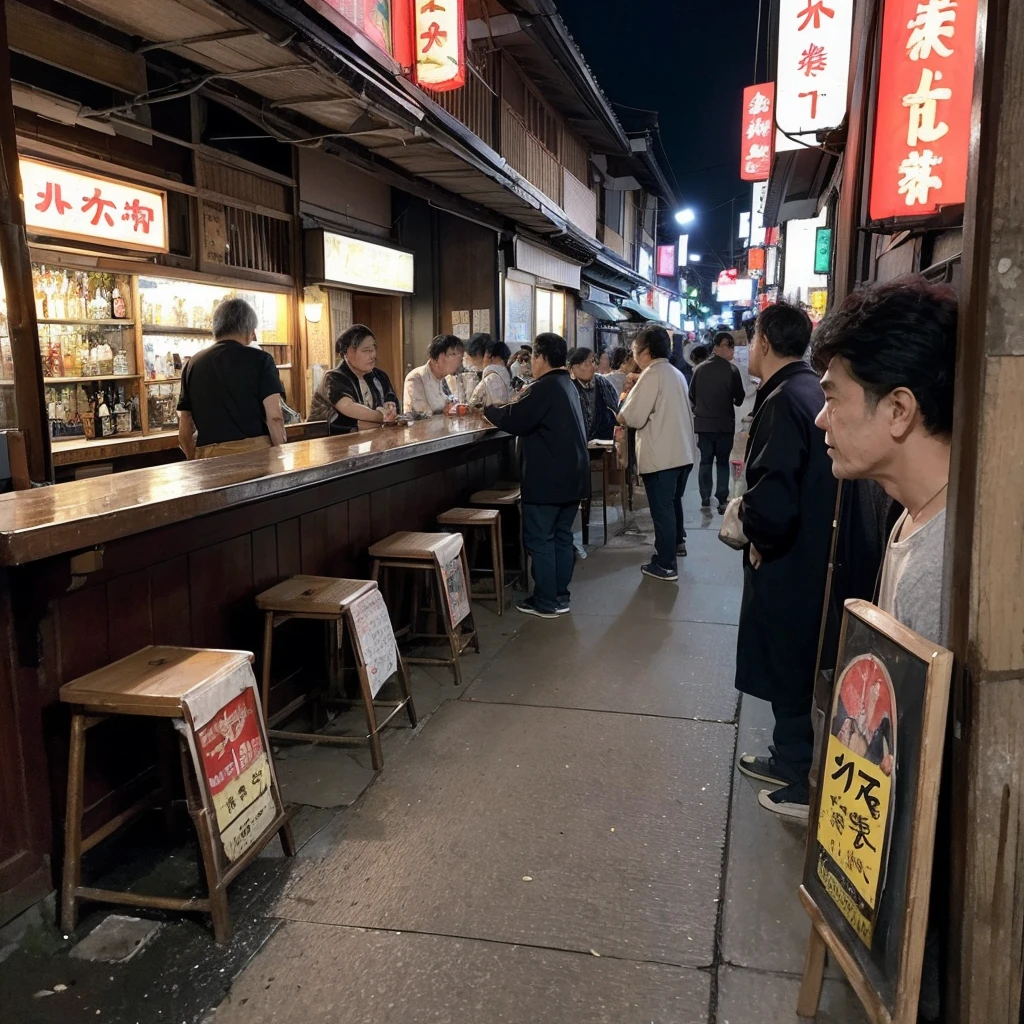 (masterpiece: 1.2, highest quality), snap shot, Japan's poor neighborhoods, Good old Japanese townscape、Poor conditions, (Dirty middle-aged man、Men gathering at a bar)、Dirty and old store、Showa Retro、Playing with friends on the street、Have fun eating and drinking with friends,