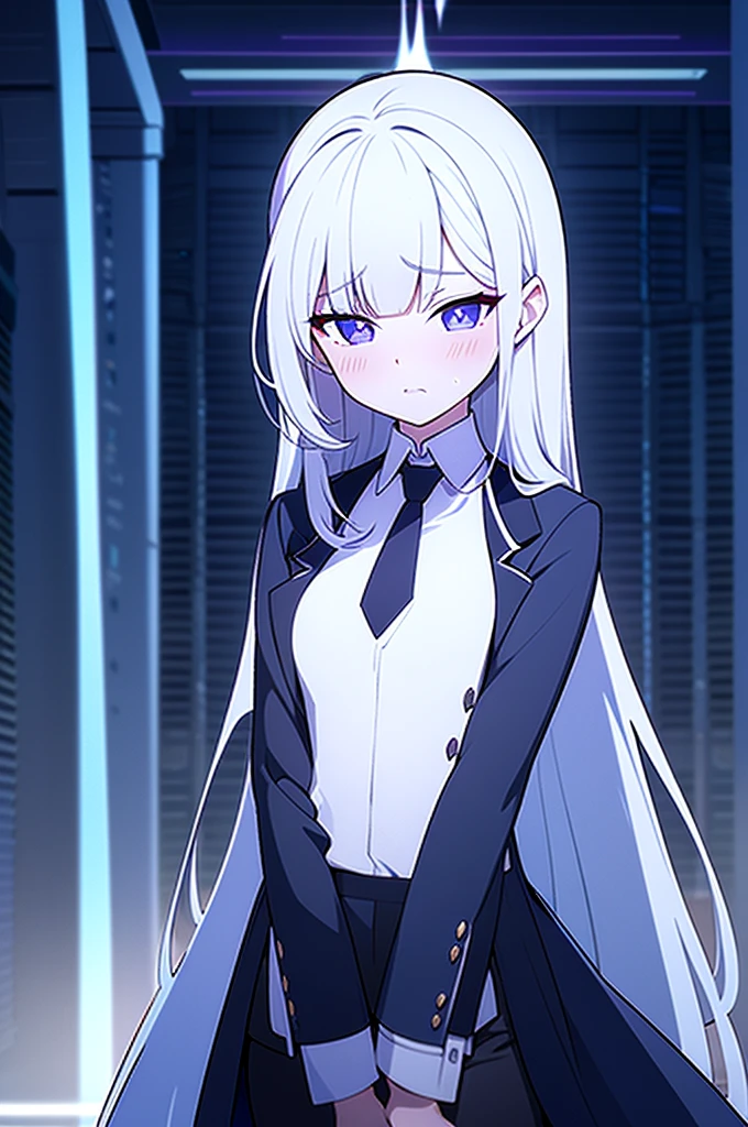 (Highest quality), (High resolution), (masterpiece), (Super detailed), Silver Hair, Long Hair, Blue and purple eyes, Blue Archive Art Style, One girl, Silky skin, Shiny skin, An athletic body, blush, Heavy breathing, chest, (Fantasy style clothing, Black long coat, White shirt, Black tie, Black trousers, The crotch of my trousers is wet), View from below, (Bright saturation), Stand up straight, Dripping love juice, Heart Pupil, (大きなchest:1.1), Expression of pleasure, Trembling with sexual climax, Heavy breathing, Night Alley