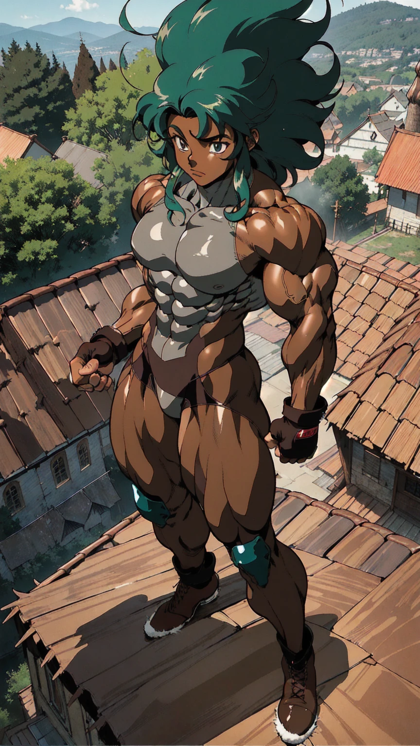 (athletic muscular body), {{{(((african american)))}}}, {{{((( (glossy) (smooth) ((dark brown skin)) )))}}}, (((pro wrestler))), (((kunoichi))), {{{(((24-year-old)))}}}, {{{(((young woman)))}}}, (((tomboy))), (((stoic))), (((bored))), (((emotionless))), (((wolflike))), ( (messy) (curly) (((long))) (dark mint green hair) ), (big intense (silver eyes) ), (small breasts), toned abs, {{{(((strong leg muscles)))}}}, toned biceps, toned forearms, toned deltoids, toned triceps, toned erector spinae, toned rhomboids, toned hamstring muscles, firm muscular glutes ,{{{(((strong back muscles)))}}}, (((thick muscular trapezius))), (((big muscular latissimus))), toned quadriceps, toned gastrocnemius, toned soleus, amazing ass, (((character wearing a (skintight long sleeve (brown with some gray) (fur bodysuit) ) ))), (((knee pads))), (((fingerless gloves))), (((combat boots))), {{{(((lush fantasy ancient forest (village) )))}}}, {{{(((standing on the roof of a house )))}}}, {{{(((great anatomy)))}}}, {{{(((high muscle mass)))}}}, {{{(((well-trained muscles)))}}}, {{{(((well-toned muscles)))}}}, {{{(((best quality)))}}}, {{{(((masterpiece)))}}}, {{{(((full shot of character)))}}}, {{{(((90s anime)))}}}