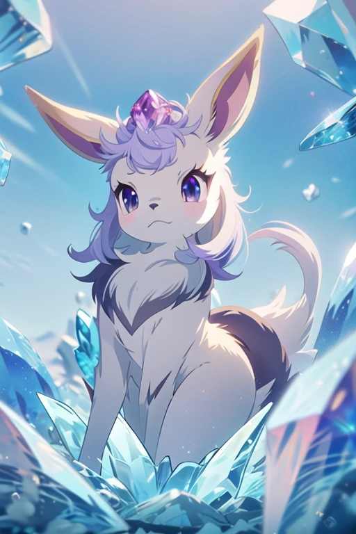 ((best quality)), ((masterpiece)), (detailed), animated purple and grey color fox, purple and grey color crystal fur, crystal shaped tail, large crystal on its head