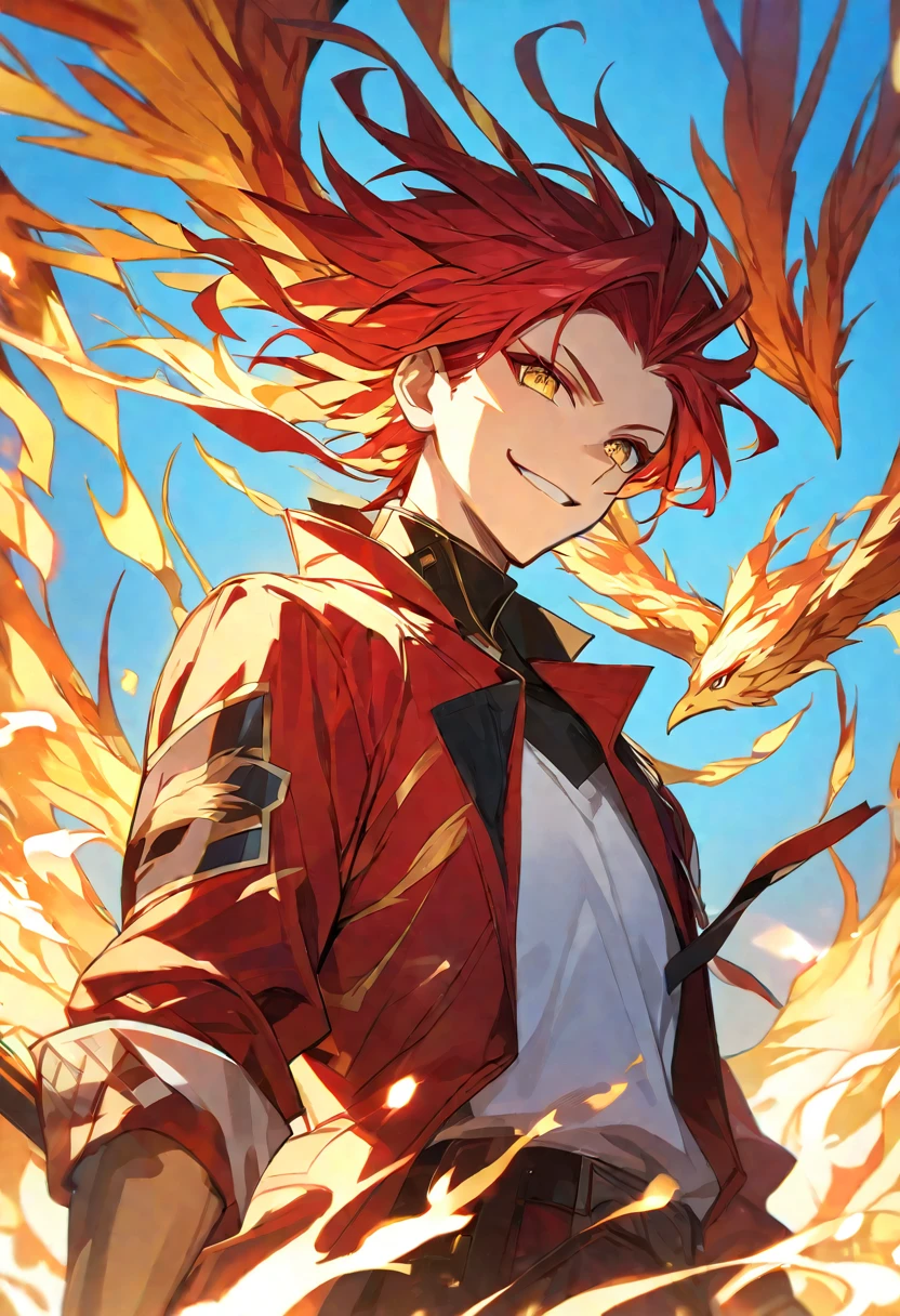 Solo, 1 male, red hair fade to white, golden eyes, red coat, fire, phoenix, smile facial