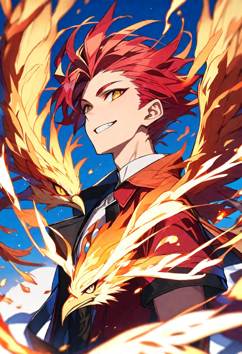 Solo, 1 male, red hair fade to white, golden eyes, red coat, fire, phoenix, smile facial