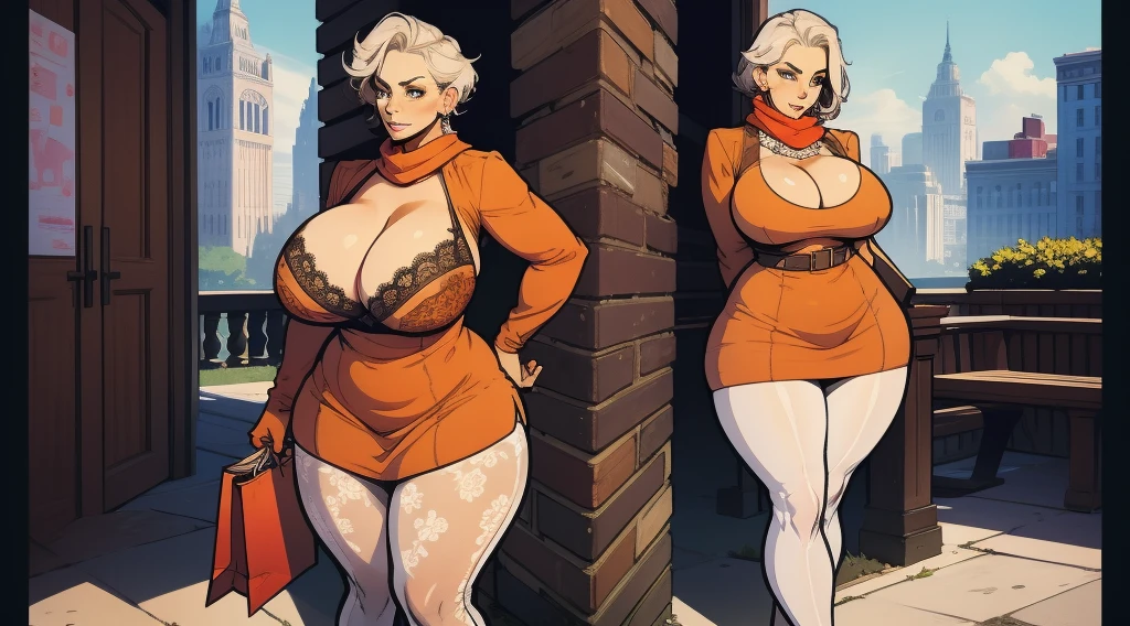 MILF, 2girls, large breasts, gigantic breasts, huge breasts, mature female, heavy breasts, short hair, silver hair, light skinned female, Sweater dress, cropped top, thick dress, Violet scarf, orange eyes, large, Curvy waist , Breasts resting on arms, arms under breasts, Looking at viewer, edges of bra on dress, cleavage, in city park, holding shopping bag, full breasts, breasts larger than head, Face Mature, Curvy female, thick thighs, voluptuous female, Full body shot, red dress, elegant dress, lace pantyhose, Belt on the dress, Flower printed on the dress, delicate gloves, Bra strap appears, soft breasts, breasts are pressed against each other, Female focus, Mom's breasts, mom, Mother and daughter, Pink bra, dyed hair, many hairstyles, full view.