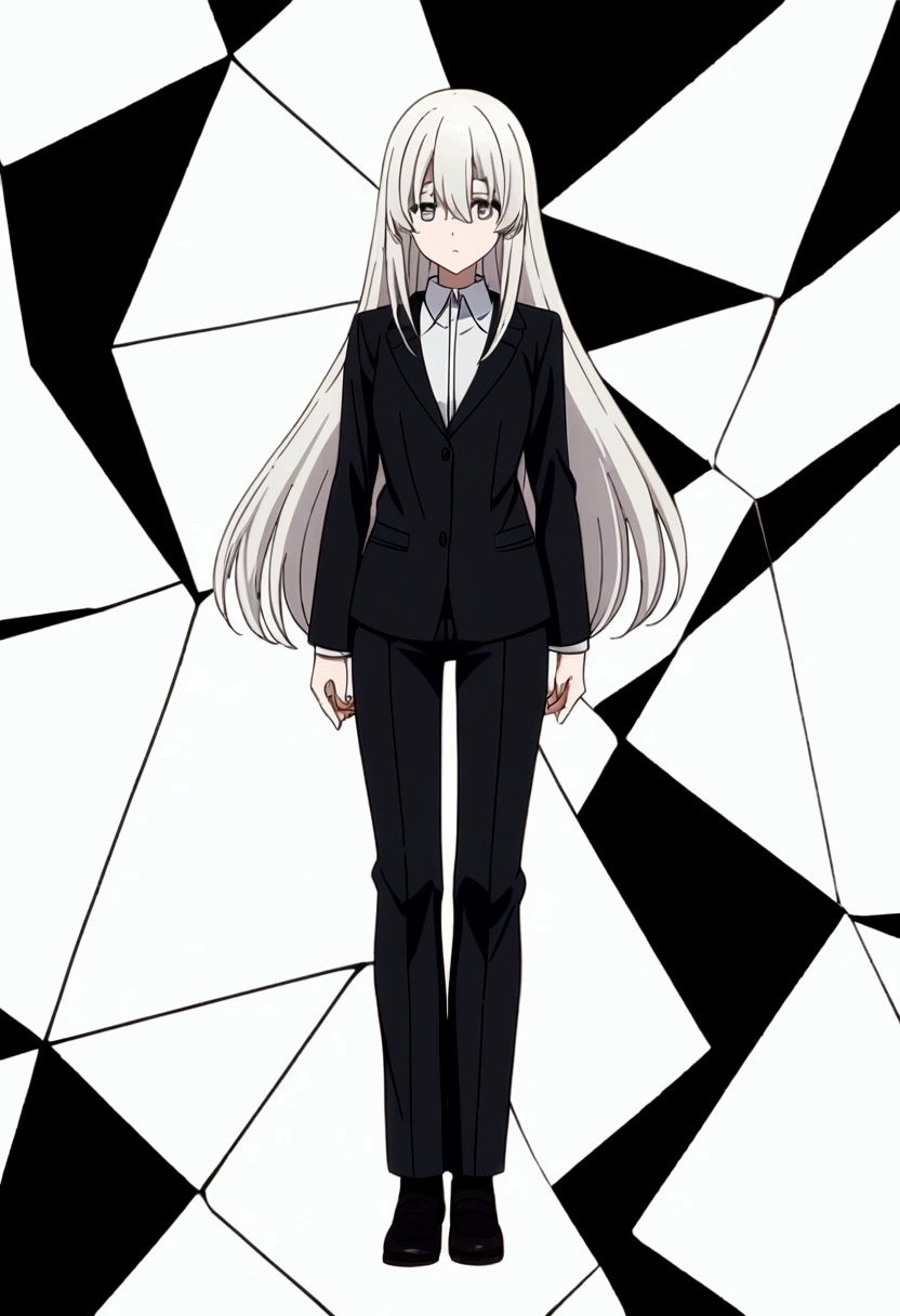 female character wearing male uniform (white shirt grey blazer and long black trouser) with long white hair and long bangs that covers left eyes and grey eyes. anime full body