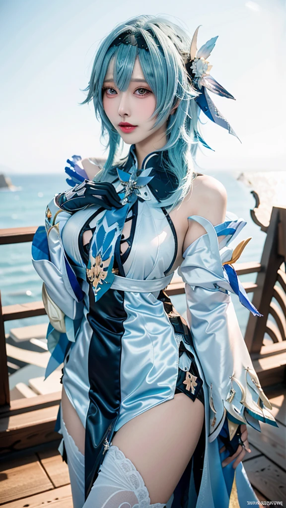 Beauty of a goddess, slim face, light smile, beautiful wan, 1girl, solo, (masterpiece:1.2), best quality, eula, genshin, high detailed, 8K resolution, looking at viewers, eula from genshin impact, outdoor, blue hair, hair ornaments, eula cosplay outfit