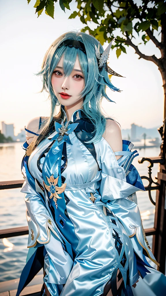 Beauty of a goddess, slim face, light smile, beautiful wan, 1girl, solo, (masterpiece:1.2), best quality, eula, genshin, high detailed, 8K resolution, looking at viewers, eula from genshin impact, outdoor, blue hair, hair ornaments, eula cosplay outfit