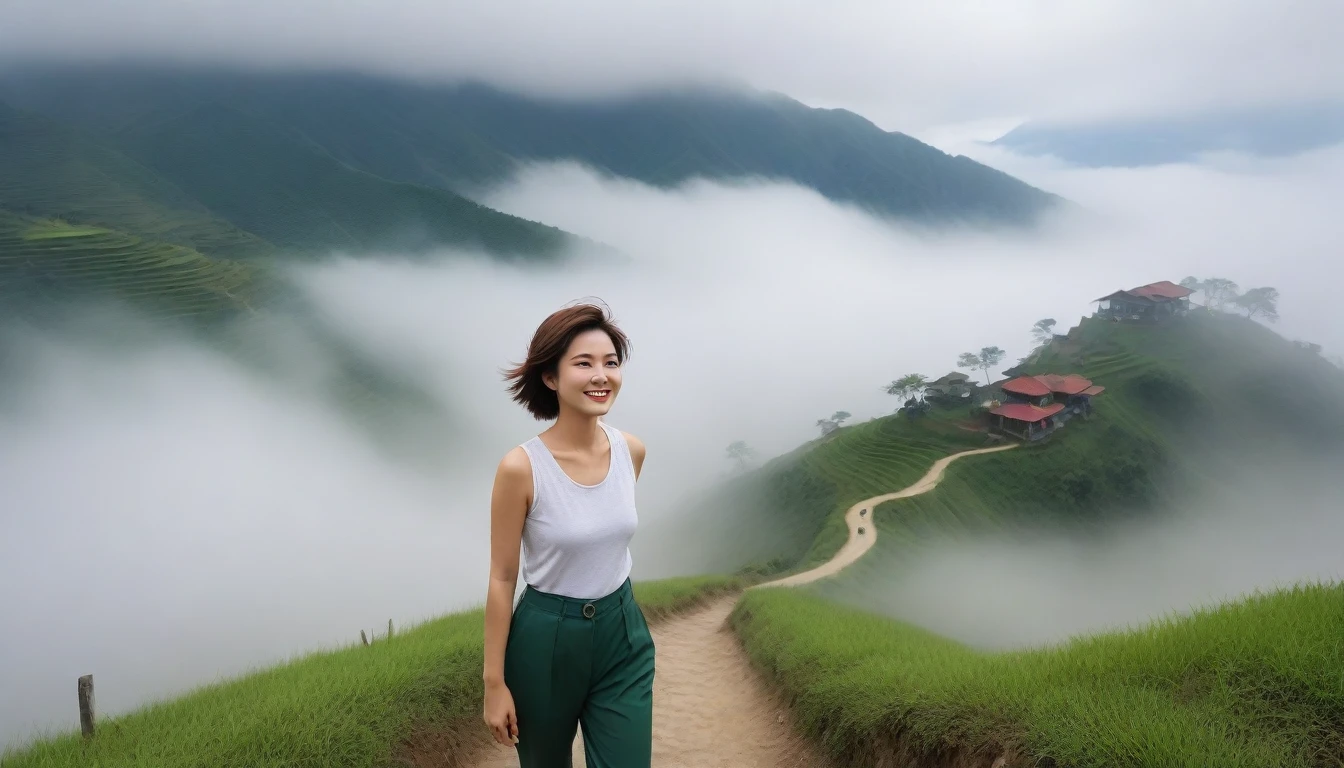Beautiful Korean Woman, Chest size 34 inches, Wearing high-end luxury brand sleeveless and high-quality casual pants., Foggy scenery of Sapa, Vietnam, I can see the trail, Short and medium hair blowing in the wind, Taken from a distance with a wide angle lens, Realistic living landscape, Front photo facing the camera, best picture quality, Short medium hair blowing in the wind, smile brightly, A thick fog obscures the front, Standing on a very narrow mountain path, Slightly medium hair blowing in the wind, , hair blowing in the wind