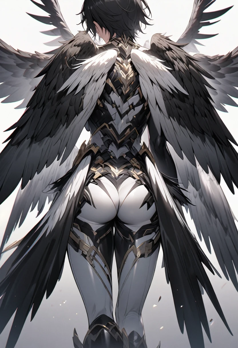 extremely detailed set of black & white hawk wings on the back of a human