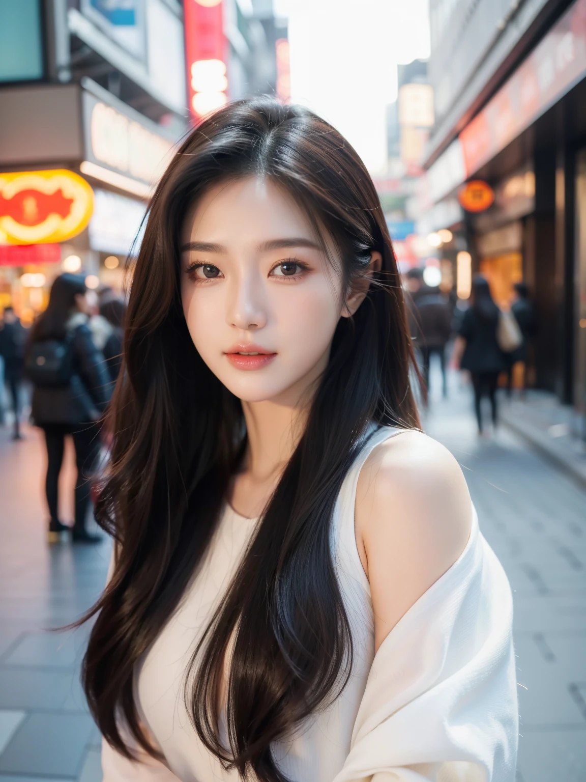In the bustling streets of Seoul, amidst the vibrant culture and modernity, stands a figure of unparalleled beauty. She's an idol, a harmonious blend of Asian and European heritage, captivating every glance with her stunning features. Her long, silky hair cascades like a waterfall, framing a face that boasts the perfect mix of delicate Asian elegance and striking European allure. With every photoshoot for top Korean magazines, she radiates an irresistible charm, her piercing eyes and flawless smile capturing the hearts of fans worldwide. She is the epitome of grace and allure, a true testament to the beauty of cultural fusion. super fine body, super fine face, super fine eyes, super fine nose, superfine mouth, super fine hands, super fine fingers, good shape, very perfect body, very perfect face, very perfect eyes, very perfect nose, very perfect mouth, very perfect hands, very perfect fingers, super detailed body, super detailed face, super detailed eyes, super detailed nose, super detailed mouth, super detailed hands, super detailed fingers, super high quality, very beautiful girl, super realistic, raw photo