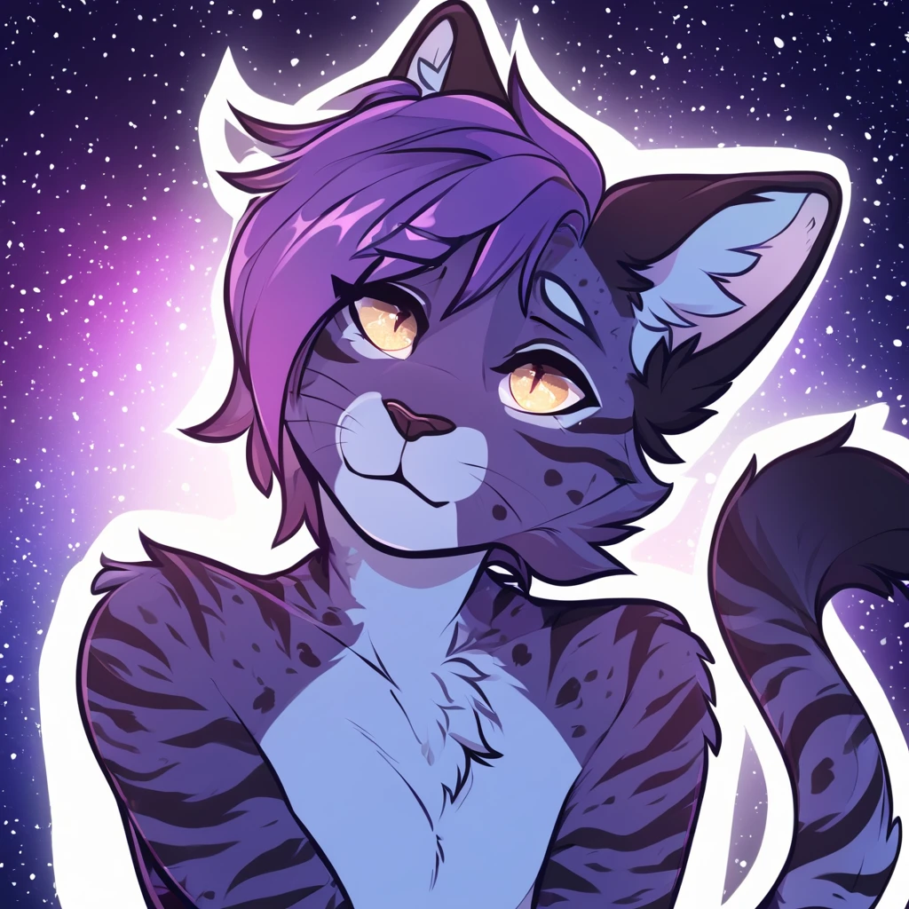 adult, feline, mammal, anthro, anthromorphic, cat, striped, fur, furred_anthro, femboy, male, dark_blue, ear_tufts, paws, hair_tuft, hair_between_eyes, long_tail, fluffy, expressive_eyes, purple_hair, light, galaxy_fur, looking_at_viewer, light_blue_chest, shy, small_pupils, spotted_pattern, stripes, digital_art, high_resolution, high_res, background shy, head_visible, neck_visible, profile_picture, seductive_face, galaxy_background, white_outline