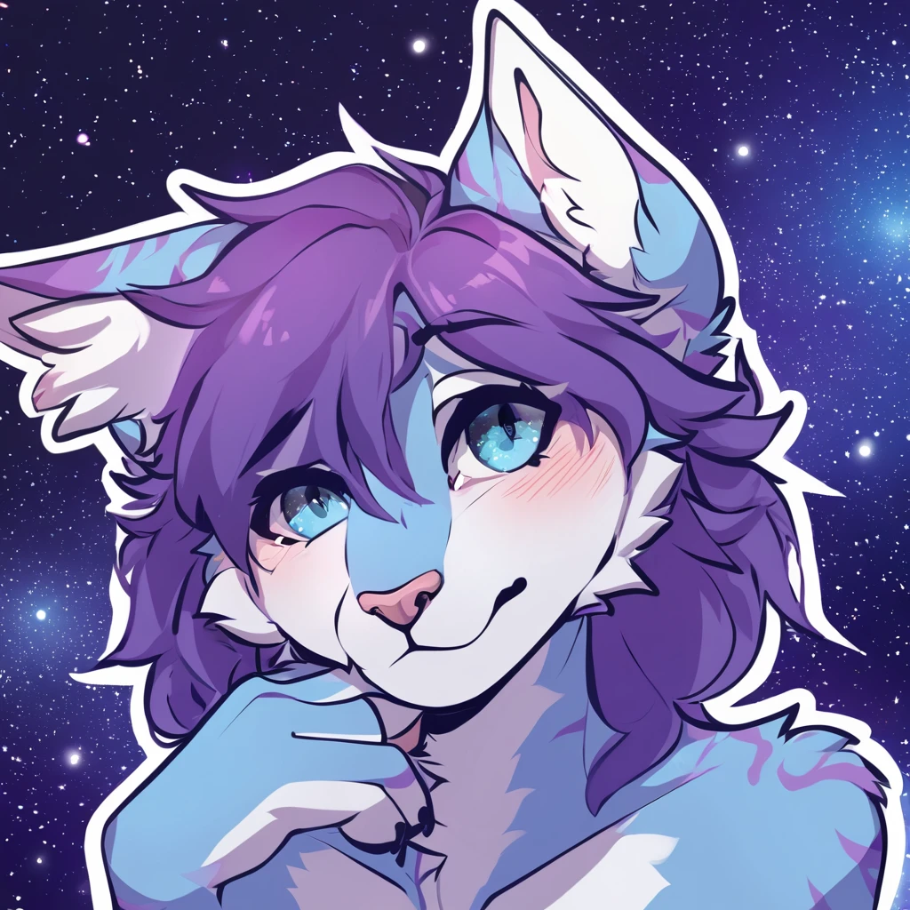 adult, feline, mammal, anthro, anthromorphic, cat, striped, fur, furred_anthro, femboy, male, dark_blue, ear_tufts, paws, hair_tuft, hair_between_eyes, long_tail, fluffy, expressive_eyes, purple_hair, light, galaxy_fur, looking_at_viewer, light_blue_chest, shy, small_pupils, spotted_pattern, stripes, digital_art, high_resolution, high_res, background shy, head_visible, neck_visible, profile_picture, seductive_face, galaxy_background, white_outline