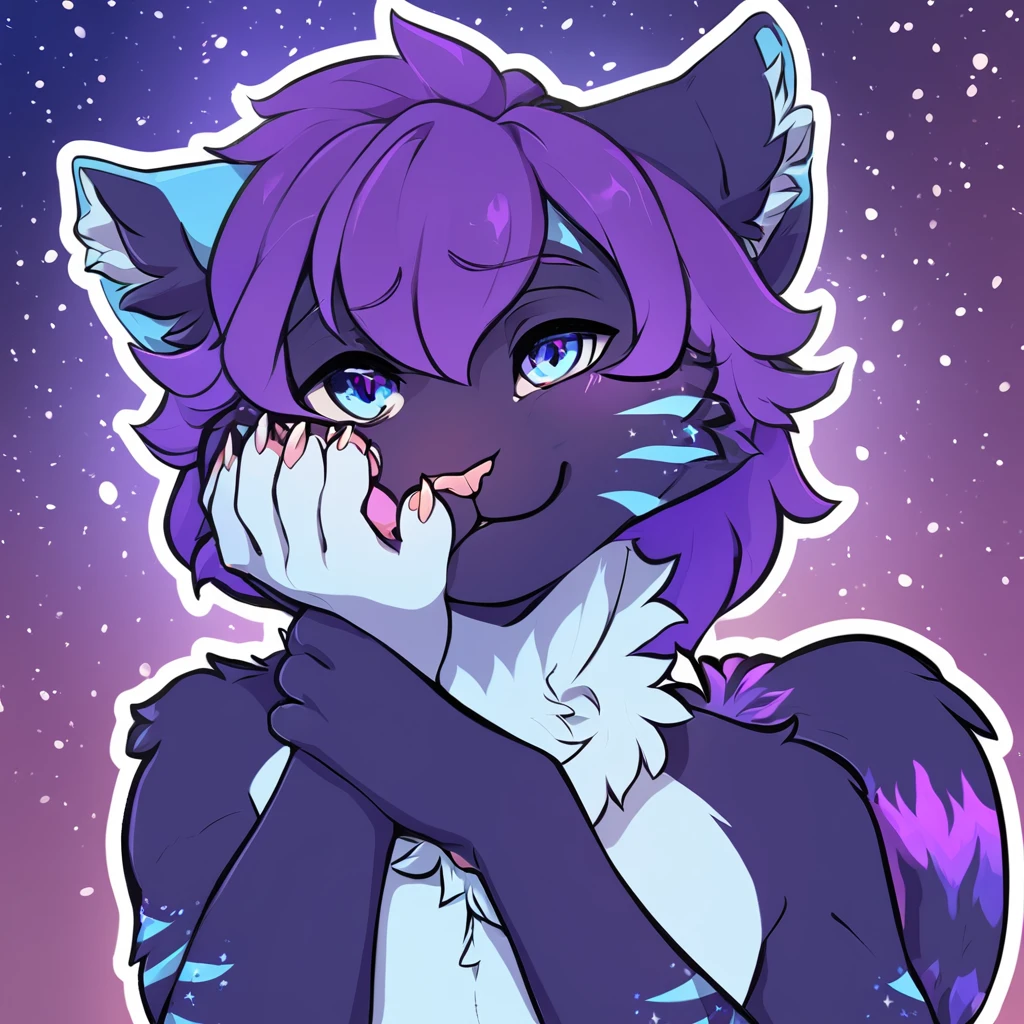 adult, feline, mammal, anthro, anthromorphic, cat, striped, fur, furred_anthro, femboy, male, dark_blue, ear_tufts, paws, hair_tuft, hair_between_eyes, long_tail, fluffy, expressive_eyes, purple_hair, light, galaxy_fur, looking_at_viewer, light_blue_chest, shy, small_pupils, spotted_pattern, stripes, digital_art, high_resolution, high_res, background shy, head_visible, neck_visible, profile_picture, seductive_face, galaxy_background, white_outline