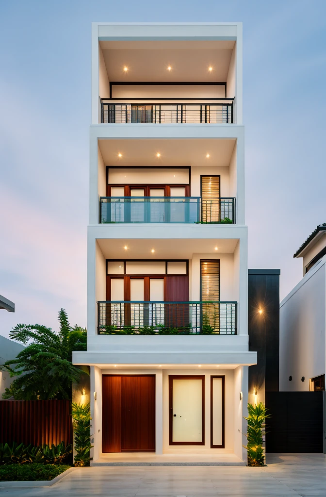 masterpiece, best quality, exterior design, (sunset), one-story modern house in Vietnamese village, marble, steel, modern light-colored granite facade and white walls, wooden ceiling , large glass, modern minimalist style, green shrubs and tropical plants background, large doors and windows.