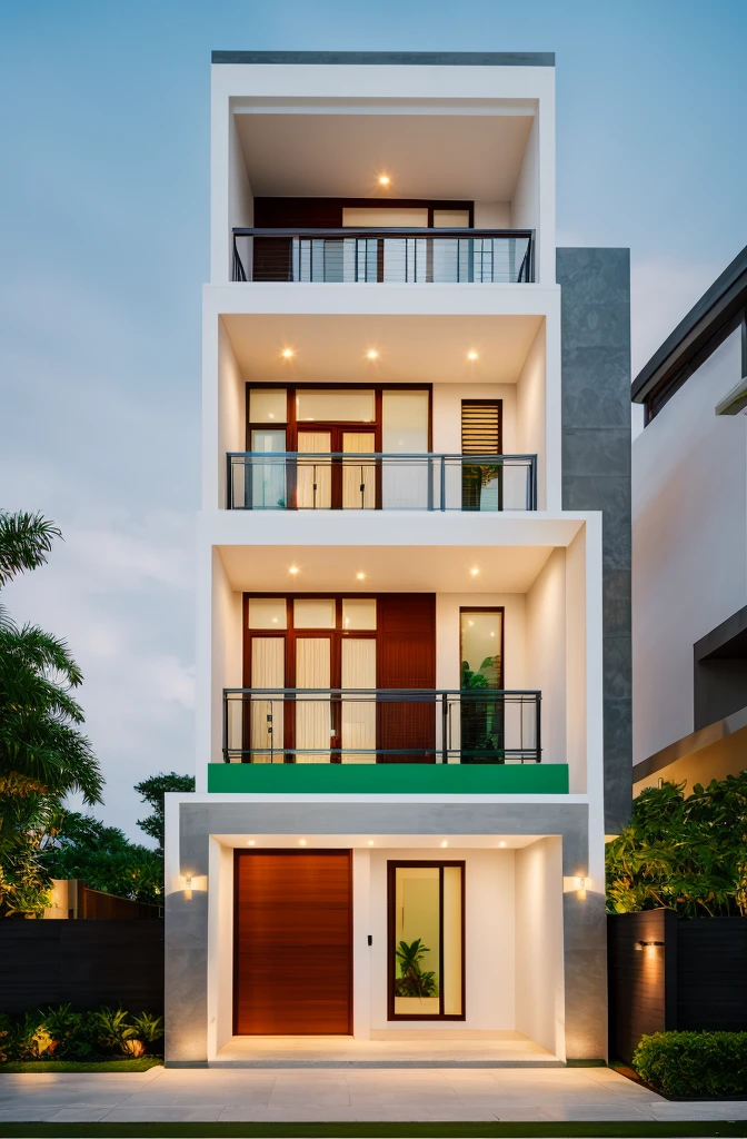 masterpiece, best quality, exterior design, (sunset), one-story modern house in Vietnamese village, marble, steel, modern light-colored granite facade and white walls, wooden ceiling , large glass, modern minimalist style, green shrubs and tropical plants background, large doors and windows.