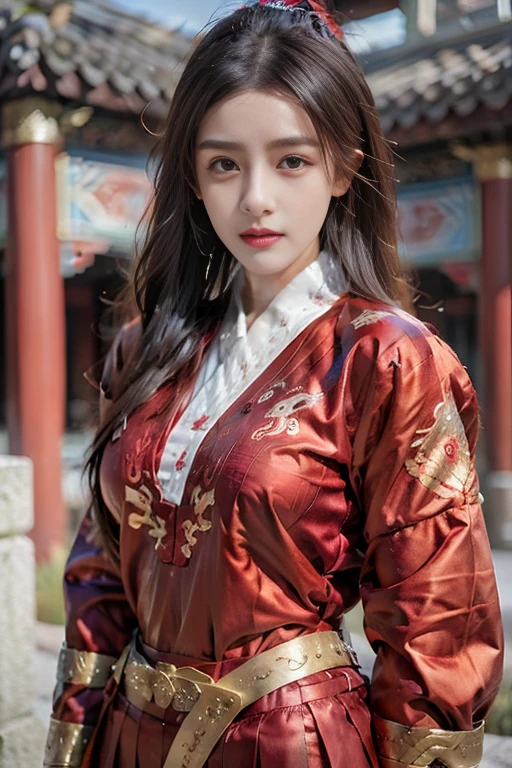 ((You are a beautiful woman.)), Fei Yu_robes, hips up, Scenery of ancient Chinese houses, Evening, red mouth, High nose, big breasts, red cloth, Gold Embroidery, black embroidered gold, red hair, high ponytail, depth of field, สาวสวยกับdetailsที่สวยงาม, European face, ดวงตาและใบหน้าที่Very detailed，robesdetailsมาก, The resolution is incredibly ridiculous.， hugeFilesize， ไฮเปอร์details， High resolution， Very detailed， best quality， Masterpiece, The resolution is incredibly ridiculous., illustration， มีdetailsและสวยงามเป็นพิเศษ，official art, Very detailed， CG， unity， 8k wallpaper， Surprisingly， details， Masterpiece， Highest quality, วอลล์เปเปอร์ CG unity 8k ที่มีdetailsมาก（Perfect shiny skin：0.6）Best shots)), ((Masterpiece)), (details),