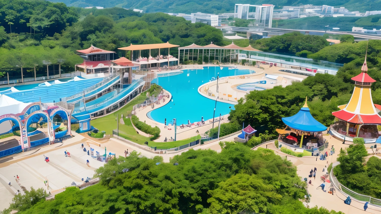 High-quality photos、Realistic photos、A view from the sky、Small hill、Amusement park on the hill、You can see the Ferris wheel、Large swimming pool、A fine summer day、fun、five-storied pagoda、Uninhabited amusement park、Unattended pool、Daytime scenery