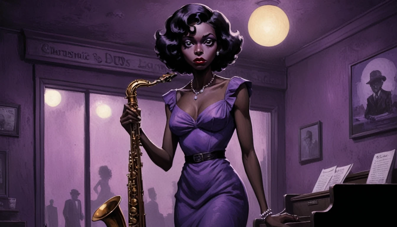 robert johnson, gritty, alabama bar, blue note, charismatic , purple dress, illustration, noir fantasy, lone black lady, sad ending, saxophonist