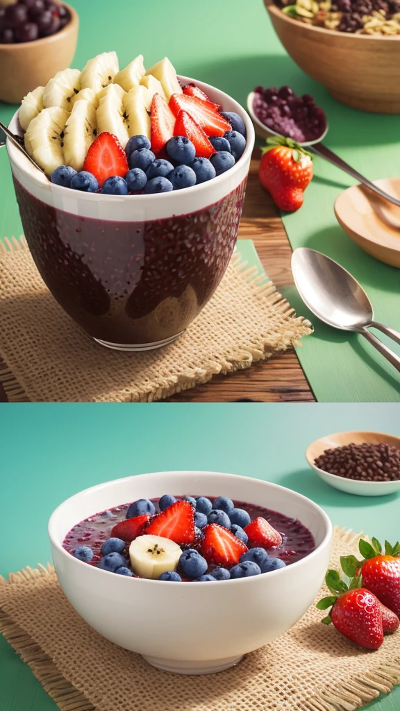 Focus on Acai Bowl、Vibrant digital illustrations of traditional landscapes from the state of Pará。, Popular dishes from the northern region of Brazil. Illustrations must be semi-realistic or 3D style. Very creamy acai. surround the environment with a variety of fruits, banana, strawberry, milti, Granola. Capture the vivid colors and textures of your items