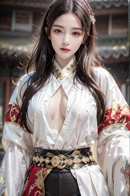 ((You are a beautiful woman.)), Fei Yu_robes, hips up, Scenery of ancient Chinese houses, Evening, red mouth, High nose, big breasts, red cloth, Gold Embroidery, black embroidered gold, red hair, high ponytail, depth of field, สาวสวยกับdetailsที่สวยงาม, European face, ดวงตาและใบหน้าที่Very detailed，robesdetailsมาก, The resolution is incredibly ridiculous.， hugeFilesize， ไฮเปอร์details， High resolution， Very detailed， best quality， Masterpiece, The resolution is incredibly ridiculous., illustration， มีdetailsและสวยงามเป็นพิเศษ，official art, Very detailed， CG， unity， 8k wallpaper， Surprisingly， details， Masterpiece， Highest quality, วอลล์เปเปอร์ CG unity 8k ที่มีdetailsมาก（Perfect shiny skin：0.6）Best shots)), ((Masterpiece)), (details),