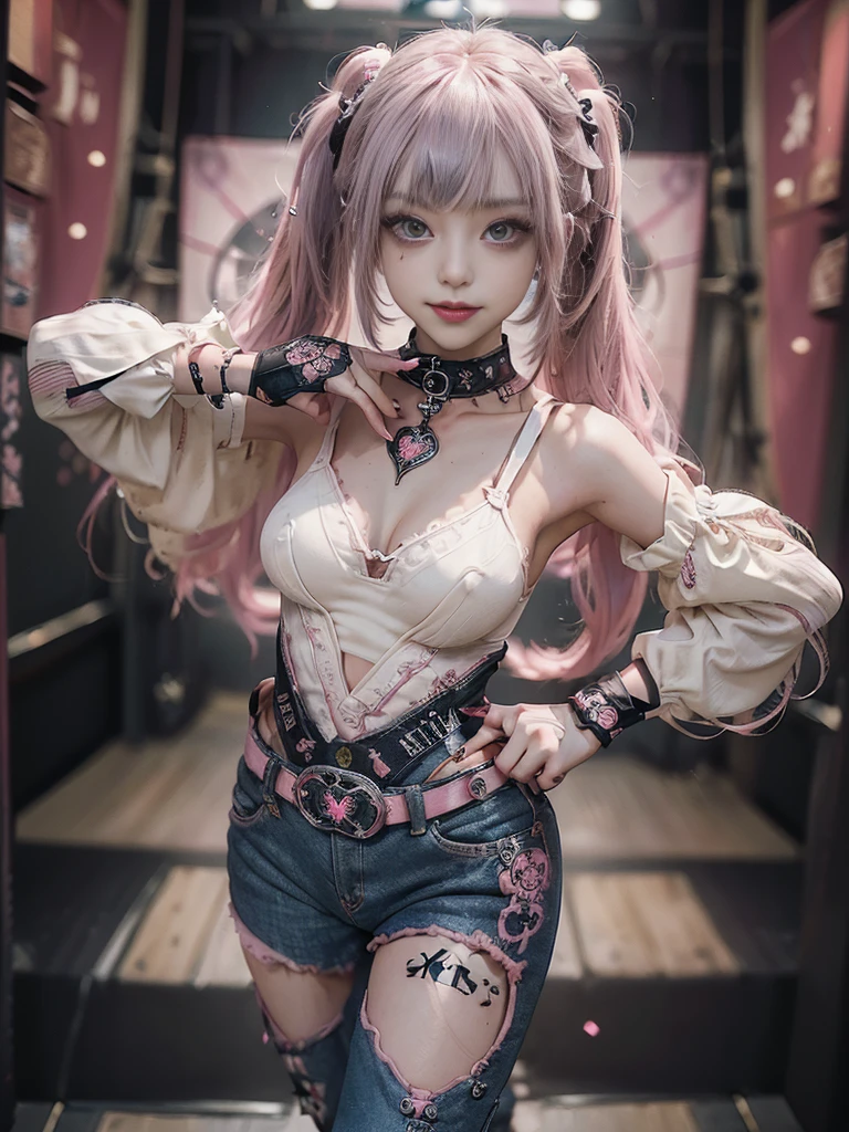 (Full Body View:1.4)、(Full body:1.3)、(Smiling with teeth showing:1.3),(Shibuya Gal:1.5)、(Gothic Lolita style fashion:1.5)、(Punk RockVisual Kei:1.5)、(Wearing a rhythmic gymnastics bodysuit with intricate details:1.4)、(Racing suit and pants with intricate decorations in magenta, denim and wine red:1.5)、(Red, brown and white boots:1.3)、((belt))、(Numerous delicate logo marks all over the costume:1.4)、(collar:1.3)、(Striped underwear:1.5)、20-year-old、NSFW、((Highest quality、In 8K、masterpiece:1.3))、Sharp focus:1.2、(Layered Cut、Huge boobs:1.1),Beautiful woman with perfect figure:1.4、(Dancing vigorously:1.3)、Slender Abs:1.2、Highly detailed face and skin texture、Detailed eyes、double eyelid,(Twin tails:1.3)、(Pink and cream hair:1.3)、Gravure idol、(The background is the stage of the fashion show:1.3)、(Slim body:1.3),(Make your legs thinner:1.4),（clavicle:1.1）、(Thin and slim thighs:1.3)