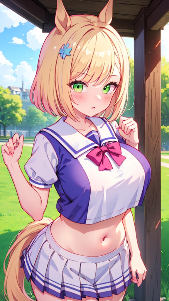 Highest quality,masterpiece, best resolution, nsfw, 1 girl, sailor uniform, topless, huge breasts,,pink nipple, belly button,outdoor, blush, standing, horse ears, horse tail, Little Cocon