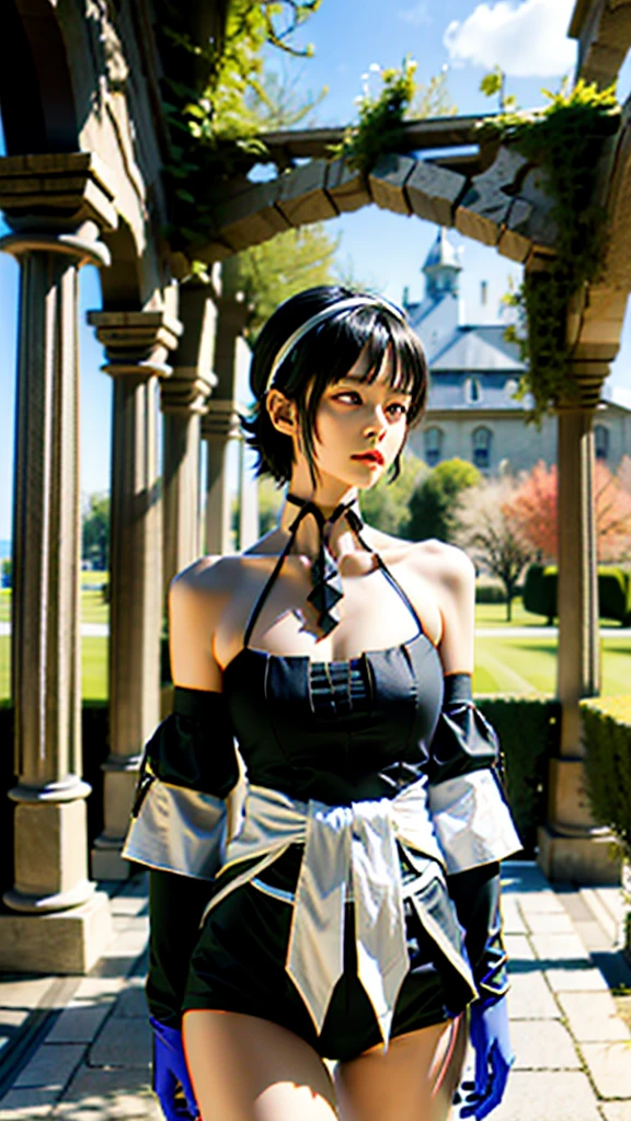 (((best quality, masterpiece, good anatomy))), eula_in_genshin, cowboy shot, 1girl, blue short hair, black hairband,a leotard with a white top and black bottom, white long sleeves, blue necktie, jewelry on the shoulder, upper body,outdoors, castle, streets, green plants, flowers,
