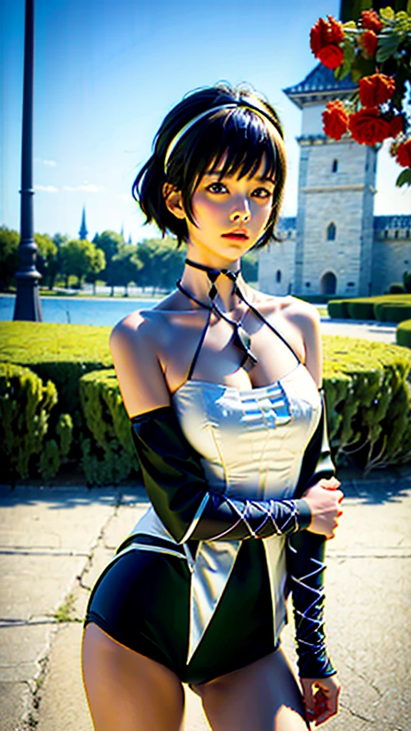 (((best quality, masterpiece, good anatomy))), eula_in_genshin, cowboy shot, 1girl, blue short hair, black hairband,a leotard with a white top and black bottom, white long sleeves, blue necktie, jewelry on the shoulder, upper body,outdoors, castle, streets, green plants, flowers,