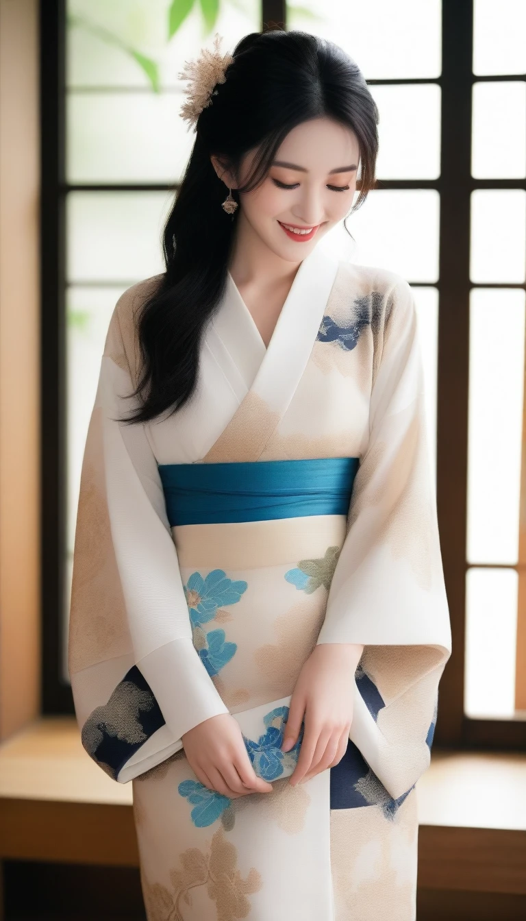 Create an image that depicts Dan Mitsu。She has black hair、Have long straight hair、I have fair skin。She has an elegant and sexy look.、I often wear kimonos and Japanese clothing.。Her eyes are big and attractive,、There is something elegant about a smile、It has a calm look。It would be nice if the background had a traditional Japanese landscape.。(Surreal)、(High resolution)、(8K)、(Very detailed)、(Beautiful and detailed eyes)、(Ultra-detailed)、 (wall-)、Detailed face、Bright lighting、Professional Lighting、chest、tits、Erotic、Expose