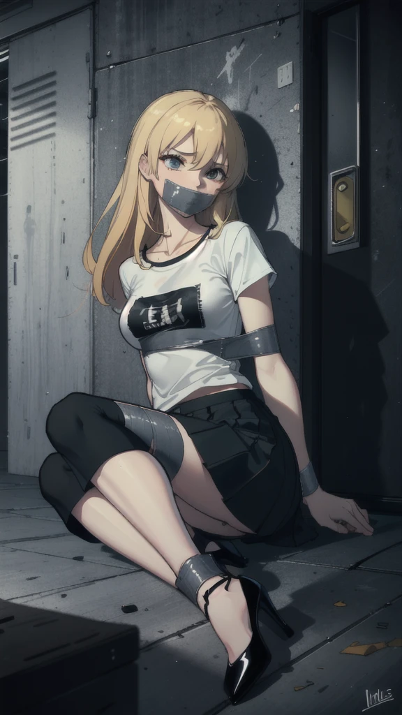 ((best quality)), ((masterpiece)), (detailed), one girl with long blond hair in white t-shirt and black skirt, tape gag, tape bomdage on floor in dark room, fear in eyes, beautiful legs with high heels