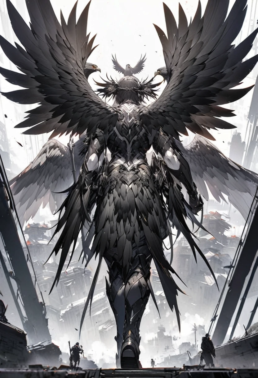 extremely detailed set of massive black & white hawk wings on the back of a human
