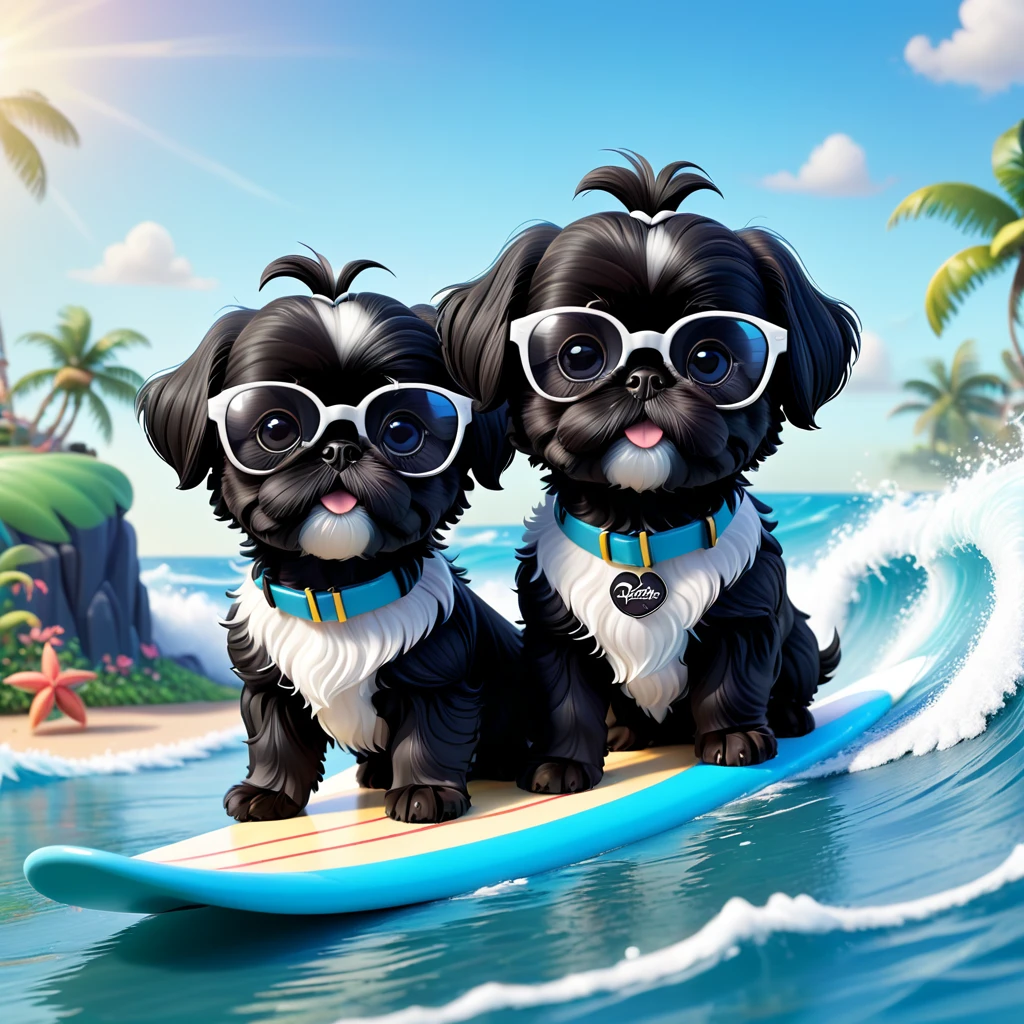 2 Adorable small black Shih Tzu puppies wearing white and black glasses surfing Disney background 3d cartoon 3d render disney pixar style