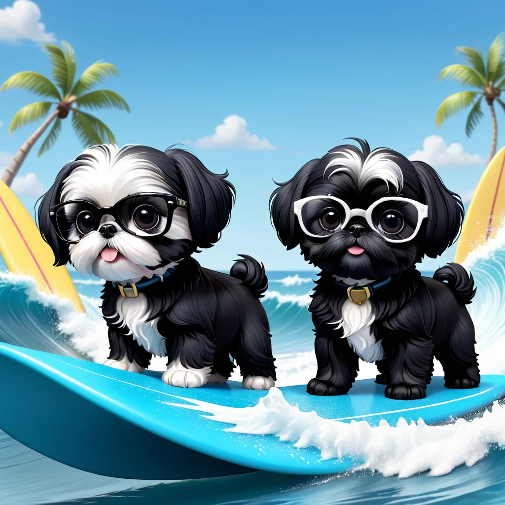 2 Adorable small black Shih Tzu puppies wearing white and black glasses surfing Disney background 3d cartoon 3d render disney pixar style