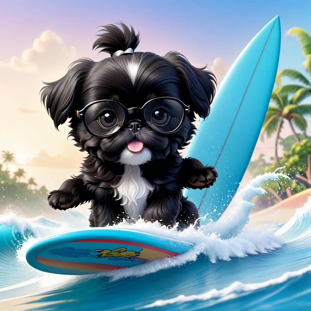 2 Adorable small black Shih Tzu puppies wearing white and black glasses surfing Disney background 3d cartoon 3d render disney pixar style