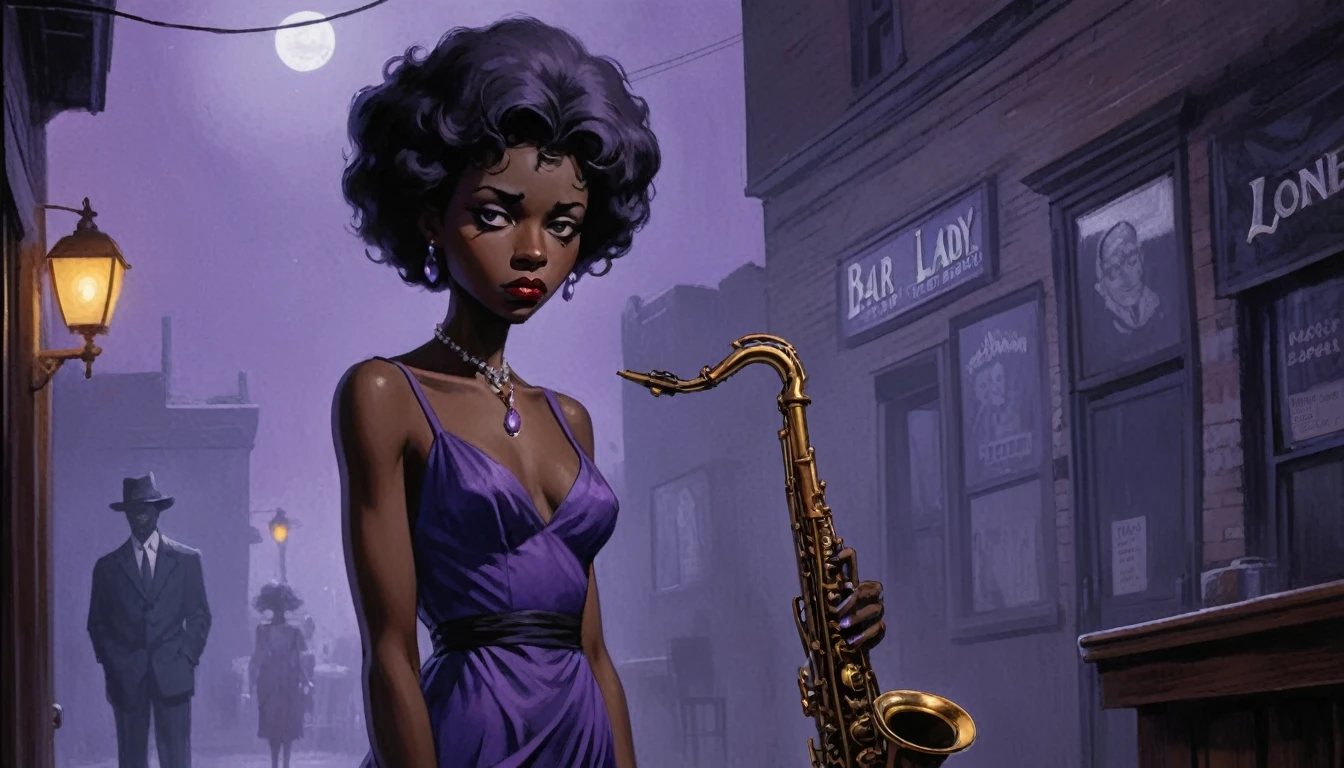 robert johnson, gritty, alabama bar, blue note, charismatic , purple dress, illustration, noir fantasy, lone black lady, sad ending, saxophonist