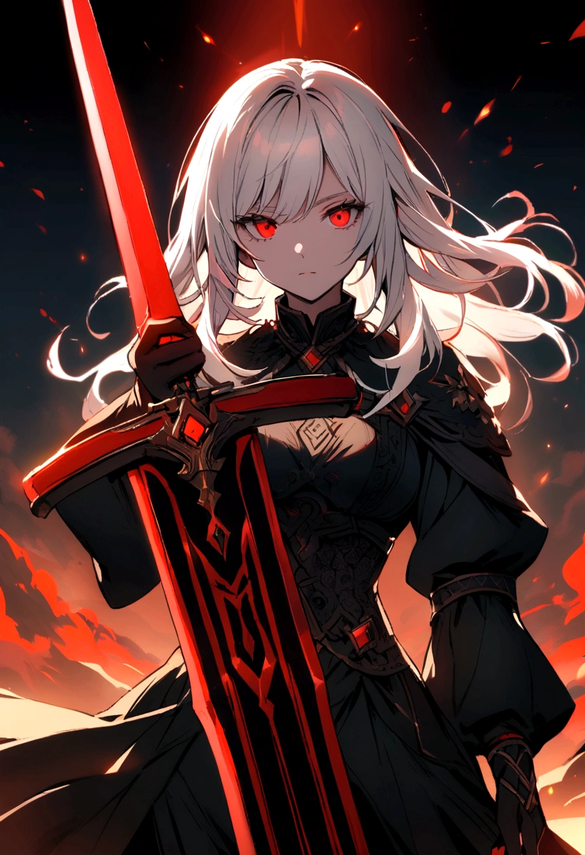 woman with long white hair with red strokes, detailed red eyes, holding a large red sword, with black clothes