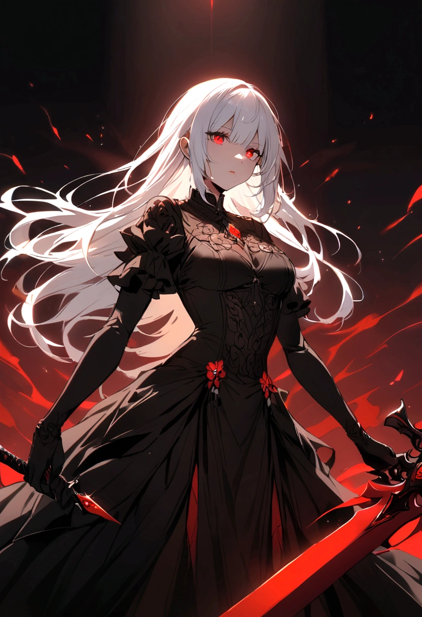 woman with long white hair with red strokes, detailed red eyes, holding a large red sword, with black clothes
