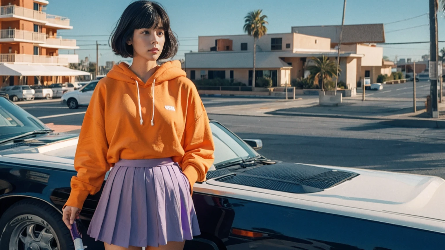 long shot portrait of cute 23 yo girl, (natural big breast) ,wear ((orange color oversized hoodie)), wear ((purple tennis skirt)),looking front,Best Quality,Masterpiece,Ultra High Resolution,(Realisticity:1.4),Original Photo, 1Girl, light leak,ultra high resolution,UHD,beautiful, (black bob hair), almond eye, no makeup, in front of (80's mondrian architecture motel), (realistic:1.2), (surreal:1.3), (very detailed:1.1), ((masterpiece)),summer, blue sky, palm trees,sunny, los angles vibes,film camera, 800mm lens,style of Philip Lorca diCorcia