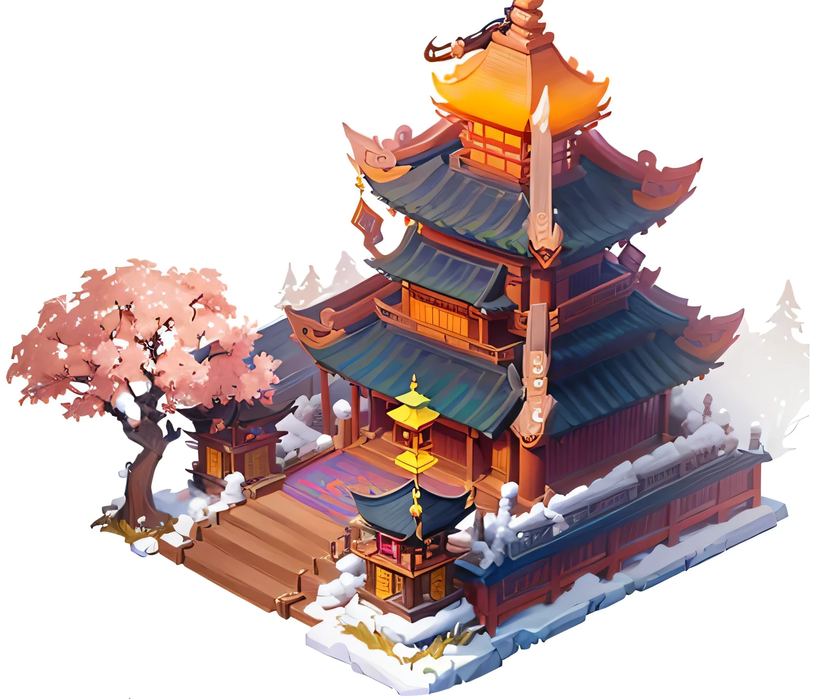 A cartoon，There is a pagoda in the painting，A tree in the background, Onmyoji detailed art, Duelist Style, Game image, Pagoda Figures, Ultra-detailed colorful low-polygon art, Colorful Fox City, Isometric Game Art, Mythology Temple, Onmyoji, Stylized game art, Temple Background, background technology, Isometric game assets