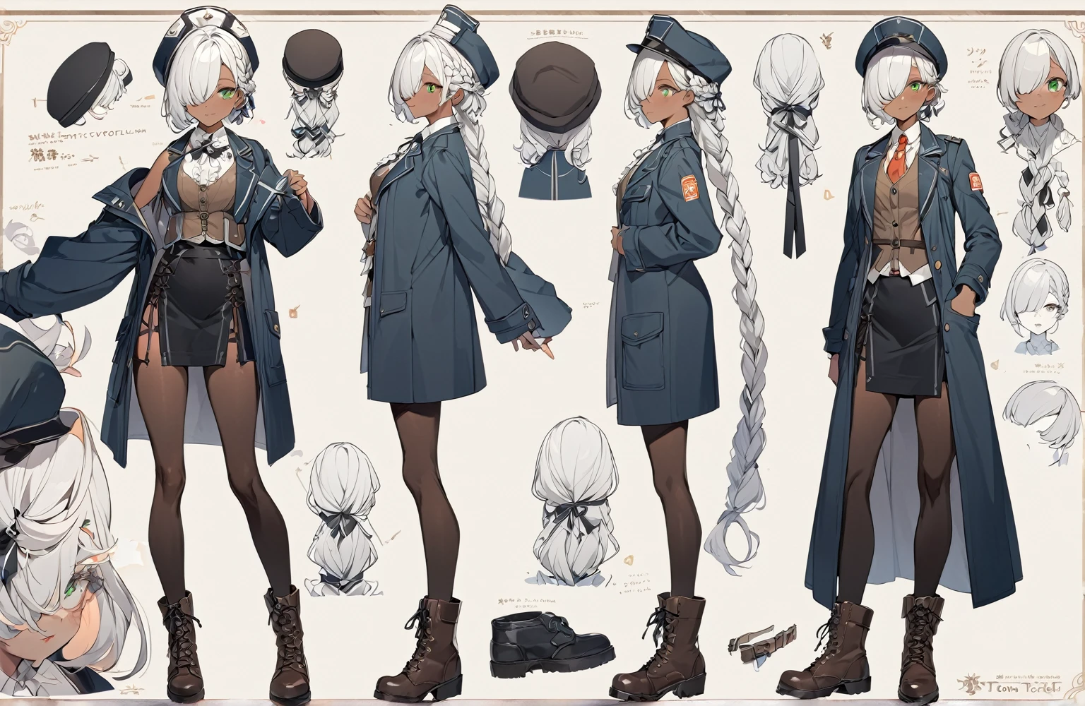 BREAK Perfect Anatomy、(High resolution:1.2)、Incredible illustrations、(Cute illustrations:1.2)、()(cinematic angle,ceiling,solo focus,) (Beautiful background)((costume setup materials) and (three views from front , back and side) and (reference sheet) and (to many pose)) 1girl(a (male focus,tom girl), 1.7meters, 45kg,,dark skin:2.5 ,green eyes,silver hair,hair over one eye,long french braid,lipstick:1.2)(light smile) (tyrolean hat,rail road man's coat,Vest jacket with lines,,lace up stockings,high slit long tight skirt,workman's boots)