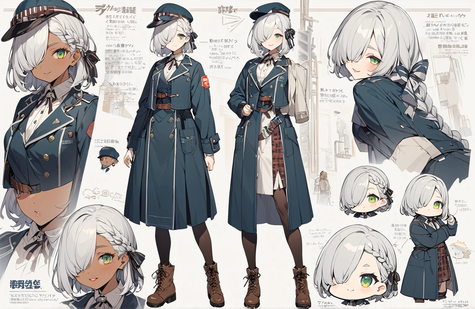 BREAK Perfect Anatomy、(High resolution:1.2)、Incredible illustrations、(Cute illustrations:1.2)、()(cinematic angle,ceiling,solo focus,) (Beautiful background)((costume setup materials) and (three views from front , back and side) and (reference sheet) and (to many pose)) 1girl(a (male focus,tom girl), 1.7meters, 45kg,,dark skin:2.5 ,green eyes,silver hair,hair over one eye,long french braid,lipstick:1.2)(light smile) (tyrolean hat,rail road man's coat,Vest jacket with lines,,lace up stockings,high slit long tight skirt,workman's boots)