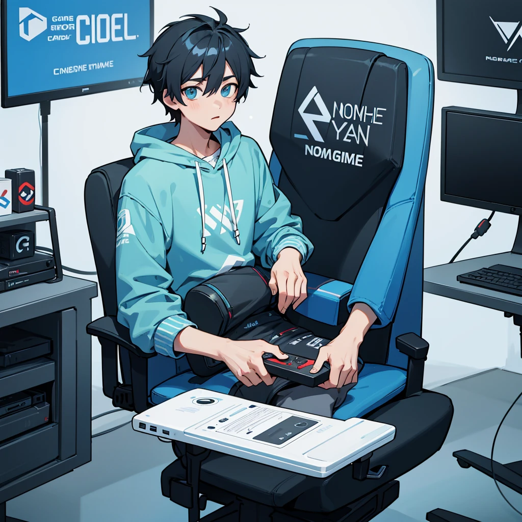 E-Sport, gaming computer, fone gamer, Youngh, 24 years, naughty man, light blue shirt, logo nommé BABY, white logo, sweatshirt shirt, gamer-chair, black short hair, streamer, alone