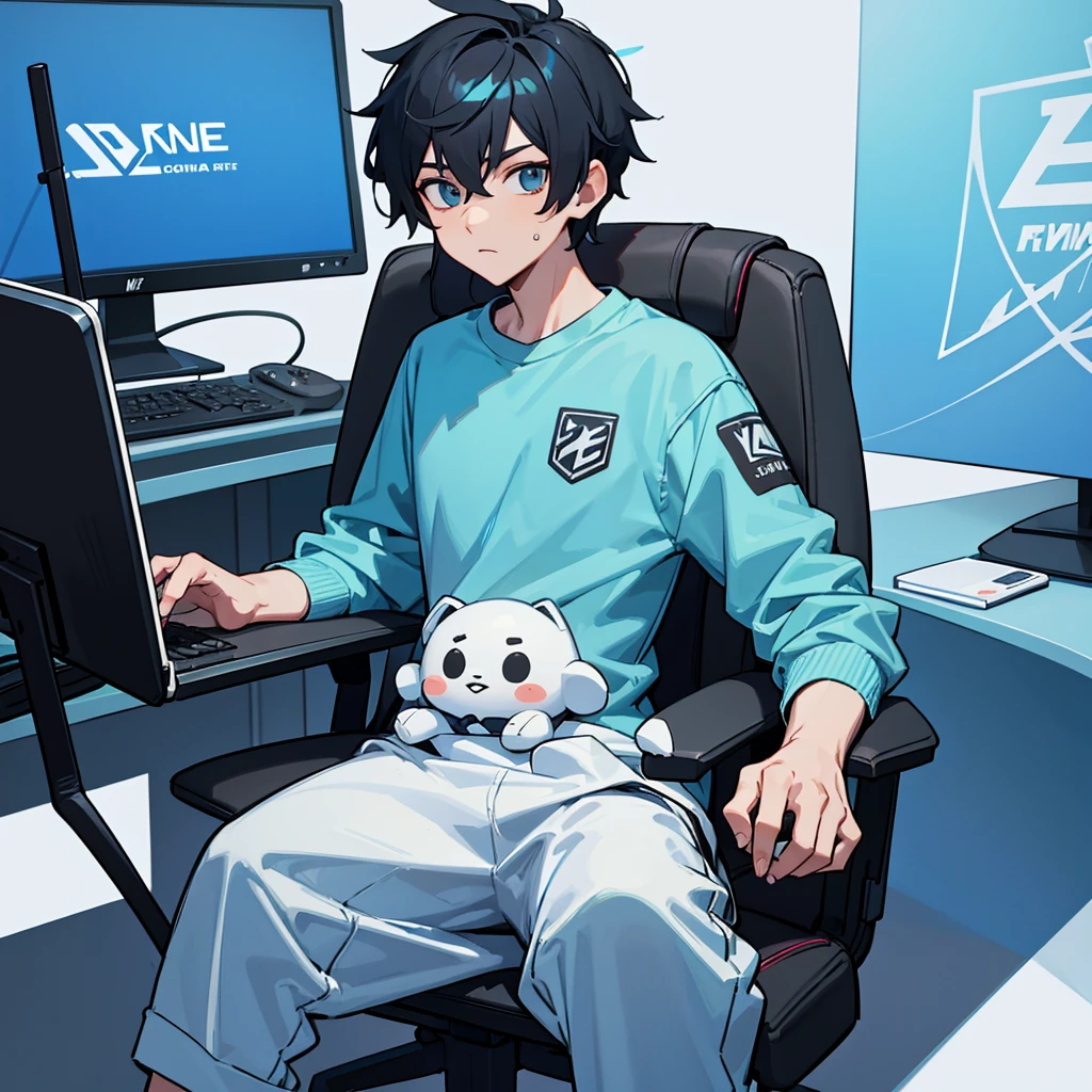 E-Sport, gaming computer, fone gamer, Youngh, 24 years, naughty man, light blue shirt, logo nommé BABY, white logo, sweatshirt shirt, gamer-chair, black short hair, streamer, alone