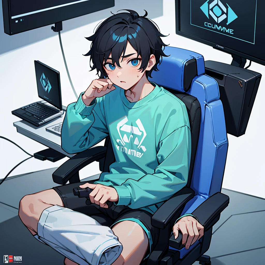 E-Sport, gaming computer, fone gamer, Youngh, 24 years, naughty man, light blue shirt, logo nommé BABY, white logo, sweatshirt shirt, gamer-chair, black short hair, streamer, alone