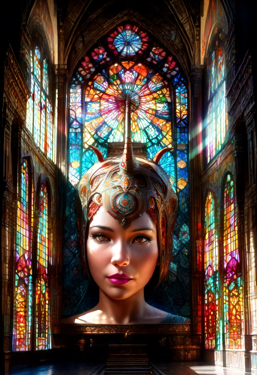1girl, horns, goat-headed, cartoon, stained glass, cathedral, colorful, minimalist, simple, clean lines, surreal, abstract, intricate patterns, glowing, backlit, bright colors, vibrant hues, (best quality,4k,8k,highres,masterpiece:1.2),ultra-detailed,(realistic,photorealistic,photo-realistic:1.37)